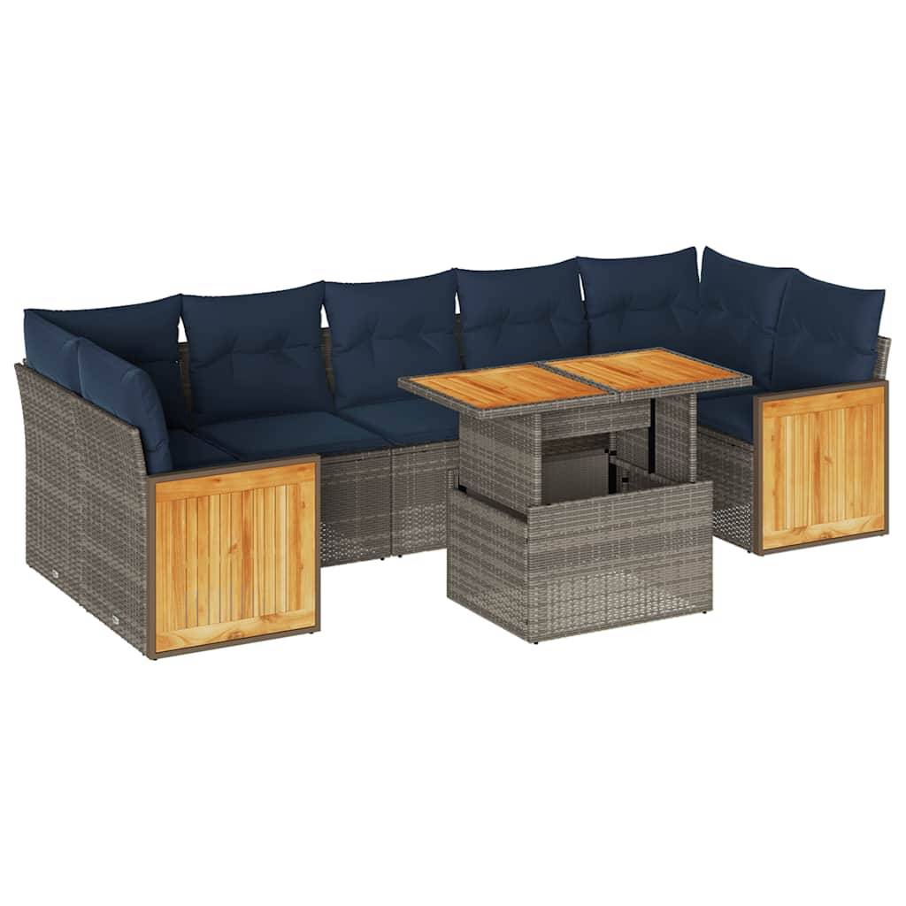 vidaXL 8-tlg. Garten-Sofagarnitur mit Kissen Grau Poly Rattan Akazie
