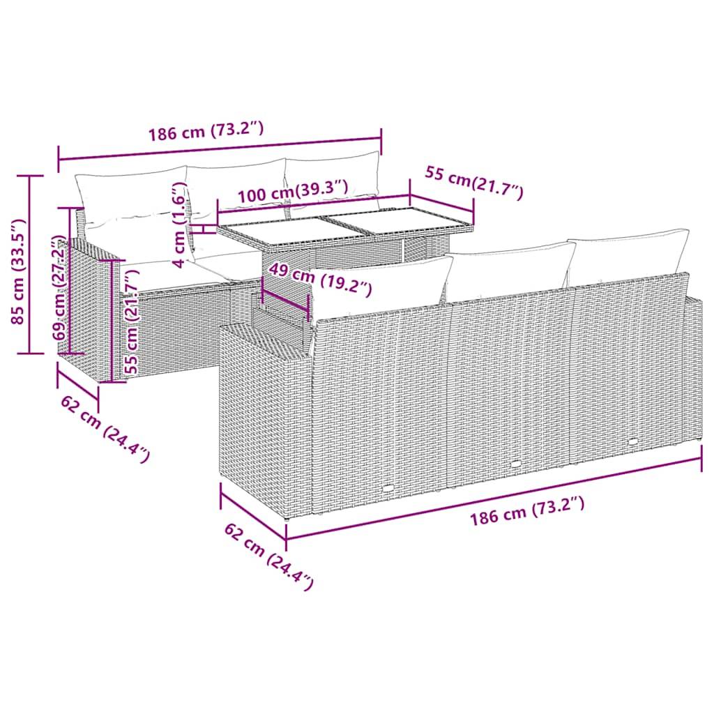 vidaXL 7-tlg. Garten-Sofagarnitur mit Kissen Grau Poly Rattan Akazie