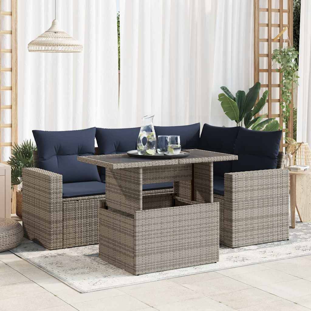 vidaXL 5-tlg. Garten-Sofagarnitur mit Kissen Grau Poly Rattan Akazie