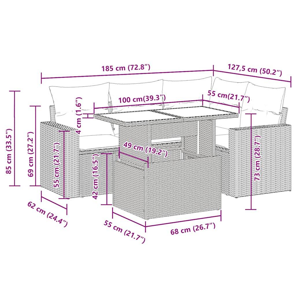 vidaXL 5-tlg. Garten-Sofagarnitur mit Kissen Grau Poly Rattan Akazie