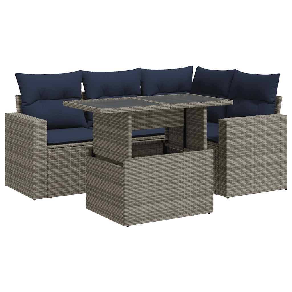 vidaXL 5-tlg. Garten-Sofagarnitur mit Kissen Grau Poly Rattan Akazie