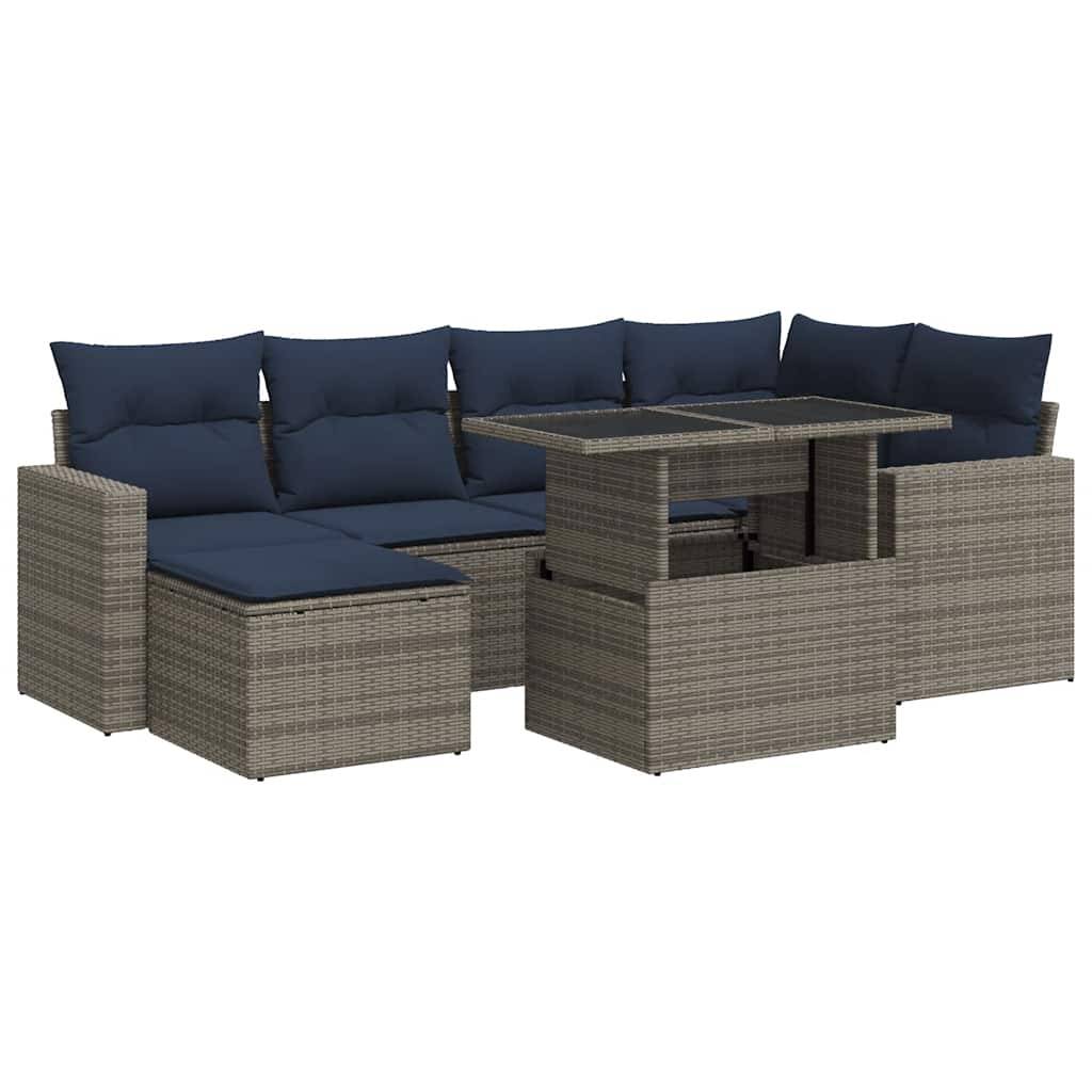 vidaXL 7-tlg. Garten-Sofagarnitur mit Kissen Grau Poly Rattan Akazie
