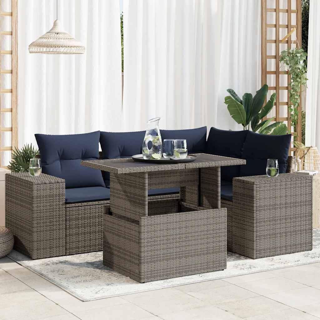 vidaXL 6-tlg. Garten-Sofagarnitur mit Kissen Grau Poly Rattan Akazie