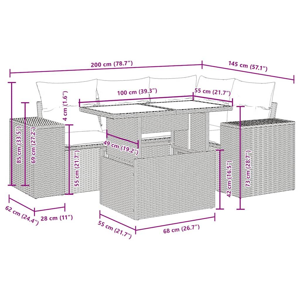 vidaXL 6-tlg. Garten-Sofagarnitur mit Kissen Grau Poly Rattan Akazie