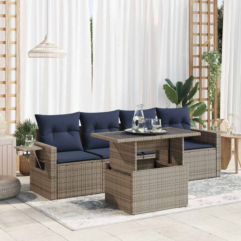 vidaXL 5tlg. Garten-Sofagarnitur mit Kissen Schwarz Poly Rattan Akazie