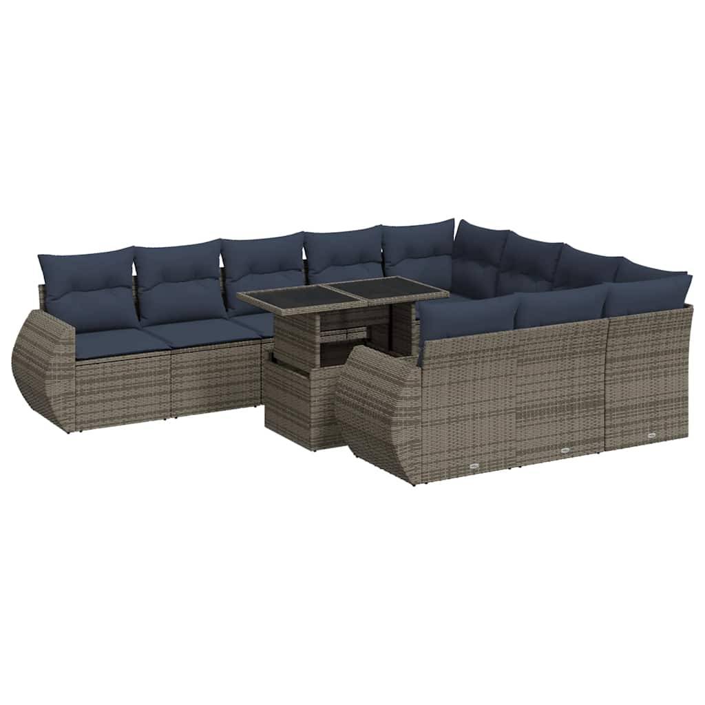 vidaXL 11-tlg. Garten-Sofagarnitur mit Kissen Grau Poly Rattan Akazie
