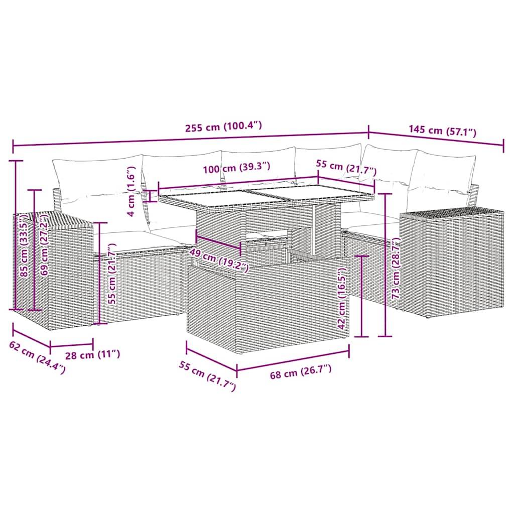 vidaXL 6-tlg. Garten-Sofagarnitur mit Kissen Schwarz Poly Rattan