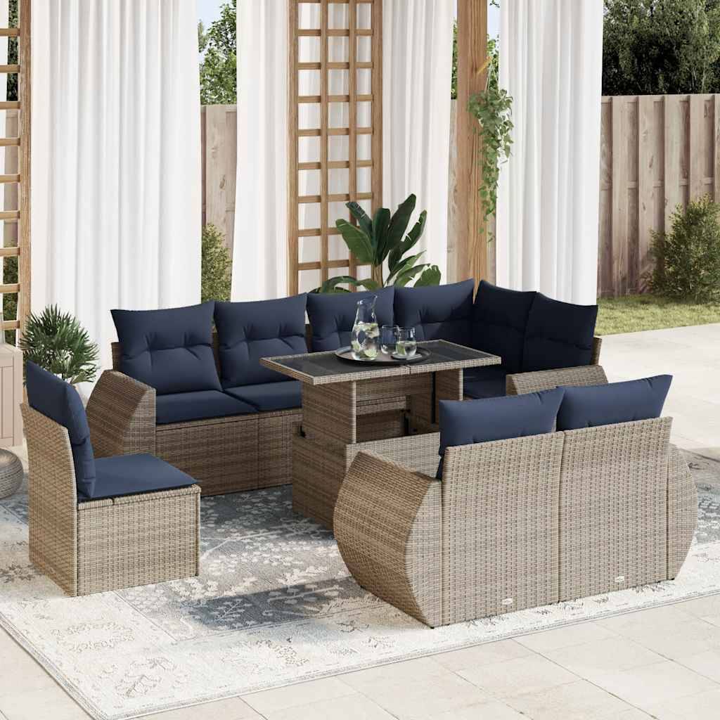 vidaXL 9-tlg. Garten-Sofagarnitur mit Kissen Grau Poly Rattan Akazie