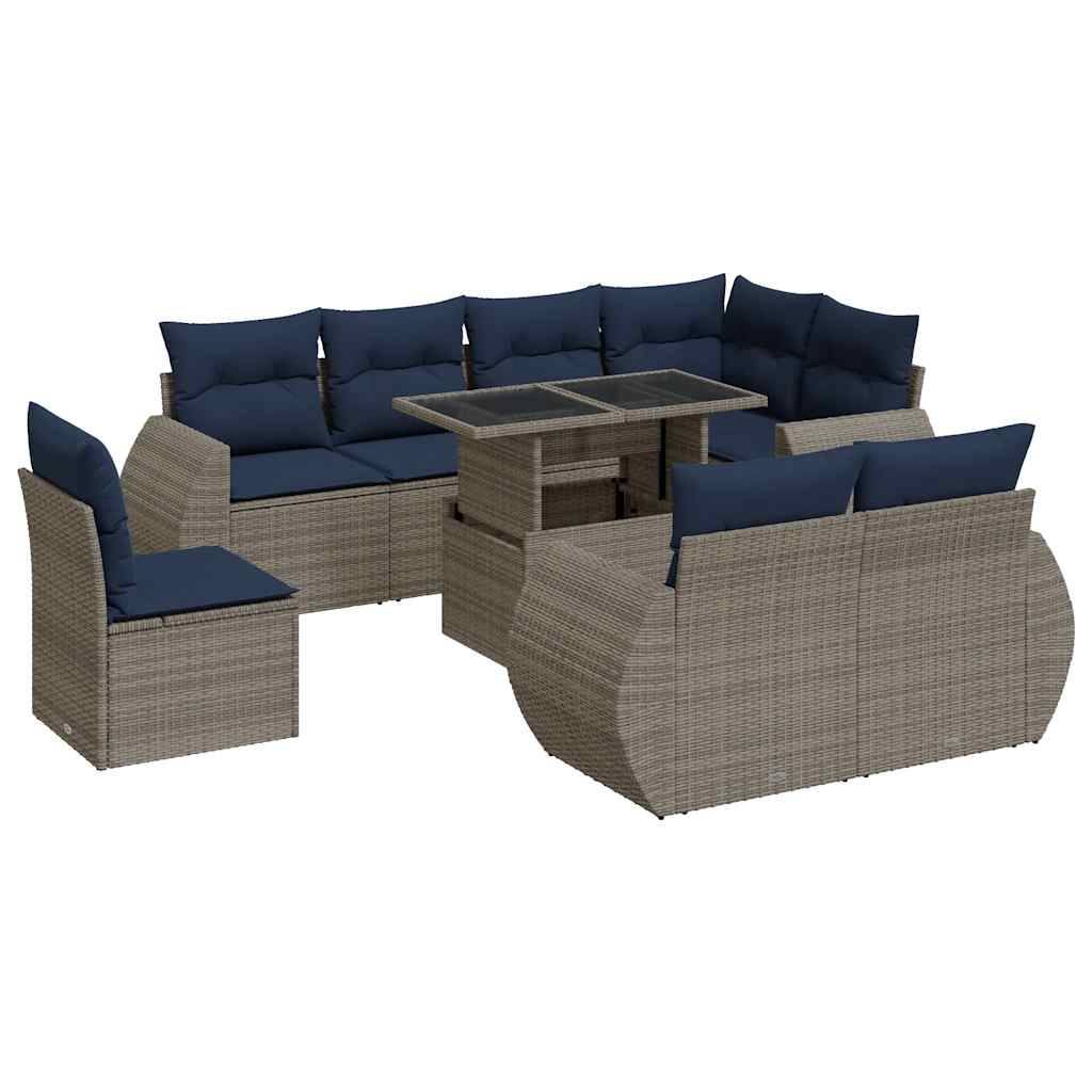 vidaXL 9-tlg. Garten-Sofagarnitur mit Kissen Grau Poly Rattan Akazie