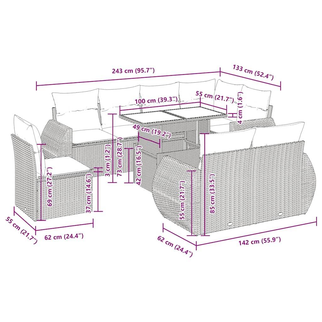 vidaXL 9-tlg. Garten-Sofagarnitur mit Kissen Grau Poly Rattan Akazie