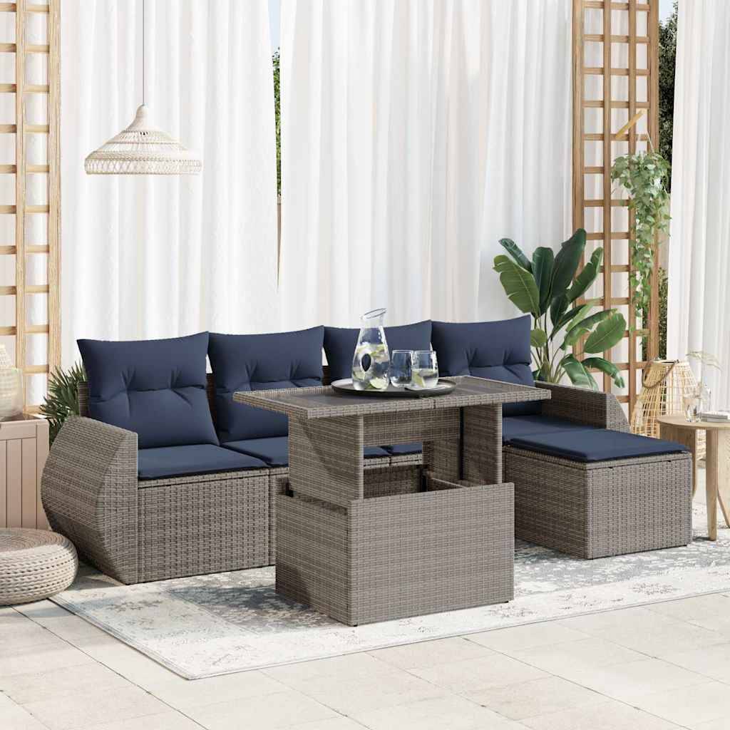 vidaXL 6-tlg. Garten-Sofagarnitur mit Kissen Grau Poly Rattan Akazie