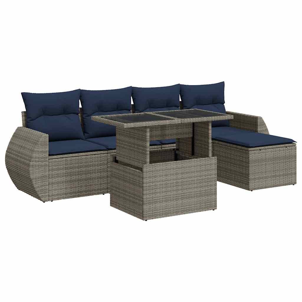 vidaXL 6-tlg. Garten-Sofagarnitur mit Kissen Grau Poly Rattan Akazie