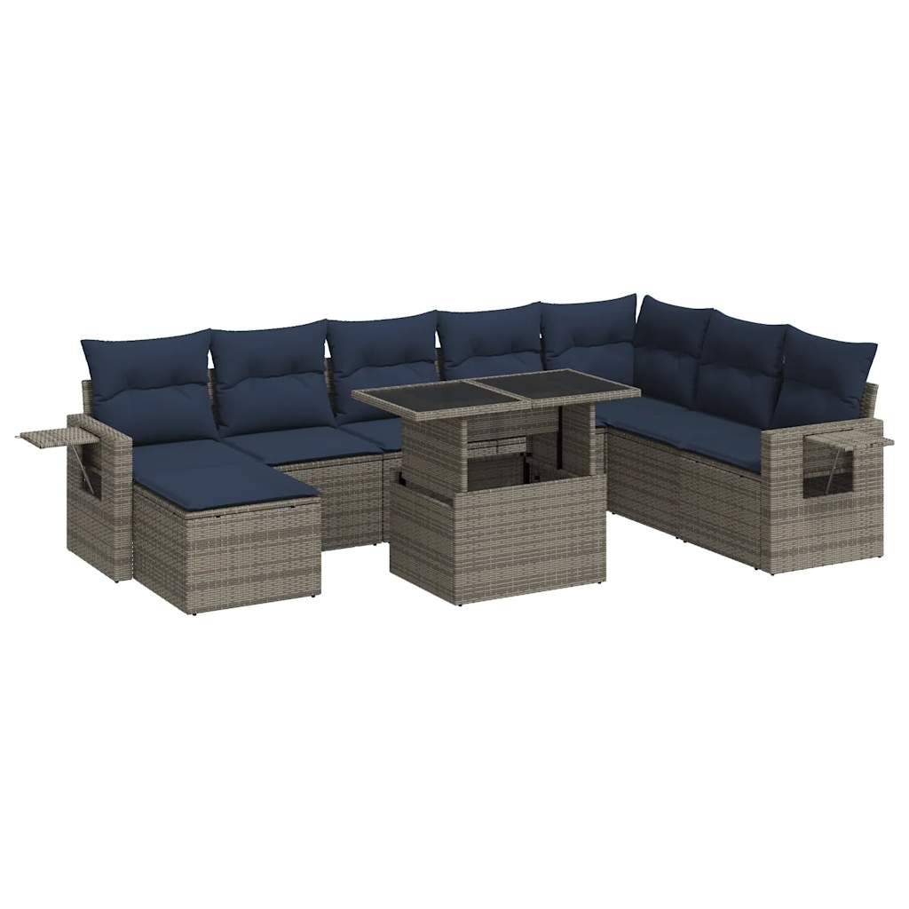 vidaXL 9-tlg. Garten-Sofagarnitur mit Kissen Grau Poly Rattan Akazie