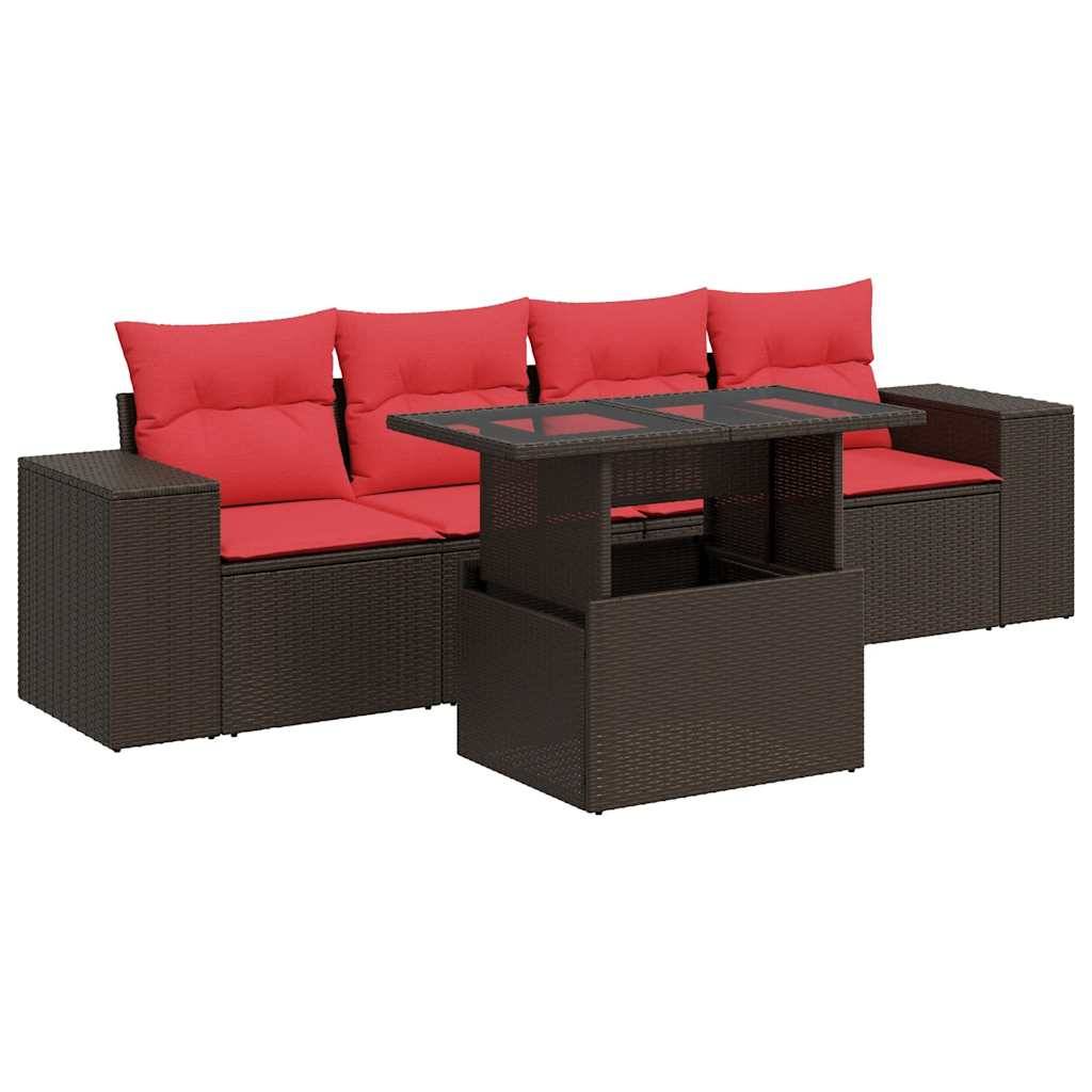 vidaXL 5-tlg. Garten-Sofagarnitur mit Kissen Braun Poly Rattan Akazie