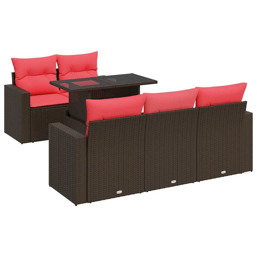 vidaXL 6-tlg. Garten-Sofagarnitur mit Kissen Braun Poly Rattan Akazie