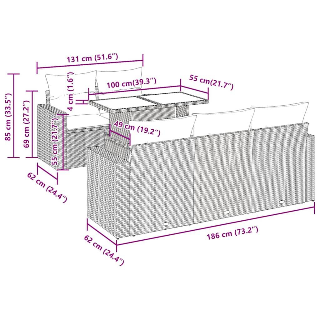 vidaXL 6-tlg. Garten-Sofagarnitur mit Kissen Braun Poly Rattan Akazie