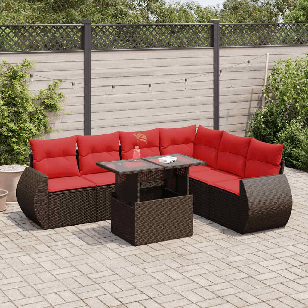vidaXL 7-tlg. Garten-Sofagarnitur mit Kissen Braun Poly Rattan Akazie