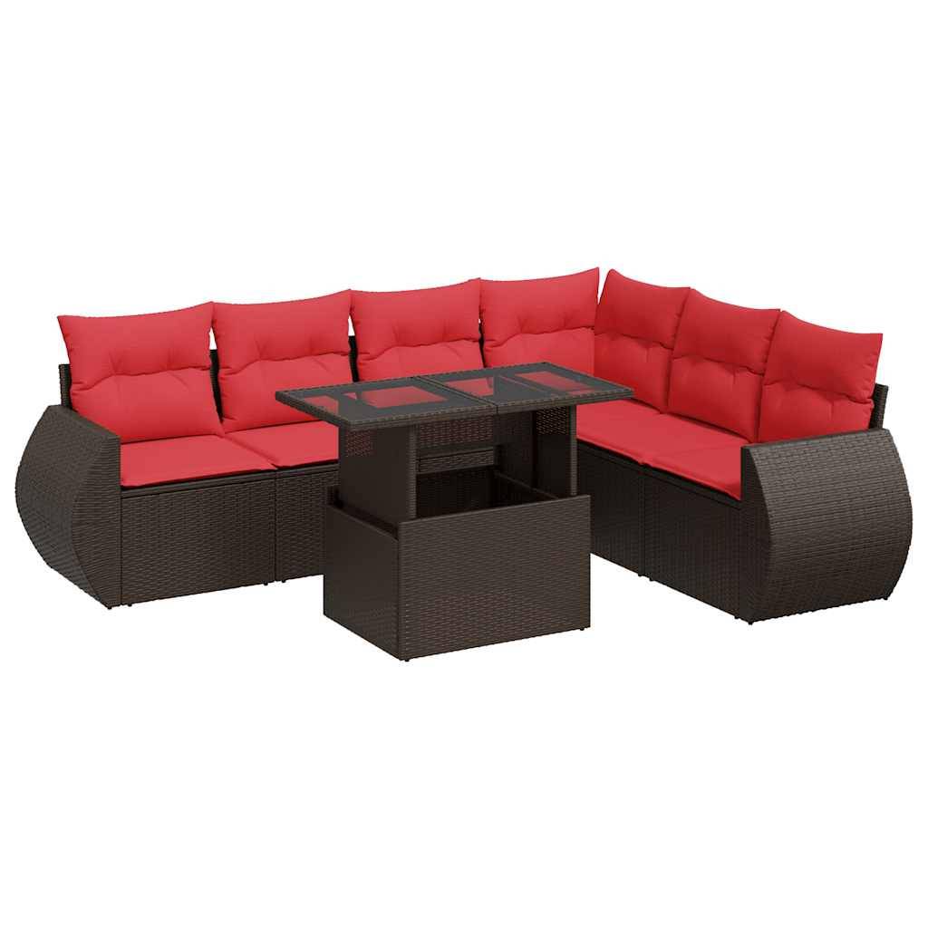 vidaXL 7-tlg. Garten-Sofagarnitur mit Kissen Braun Poly Rattan Akazie