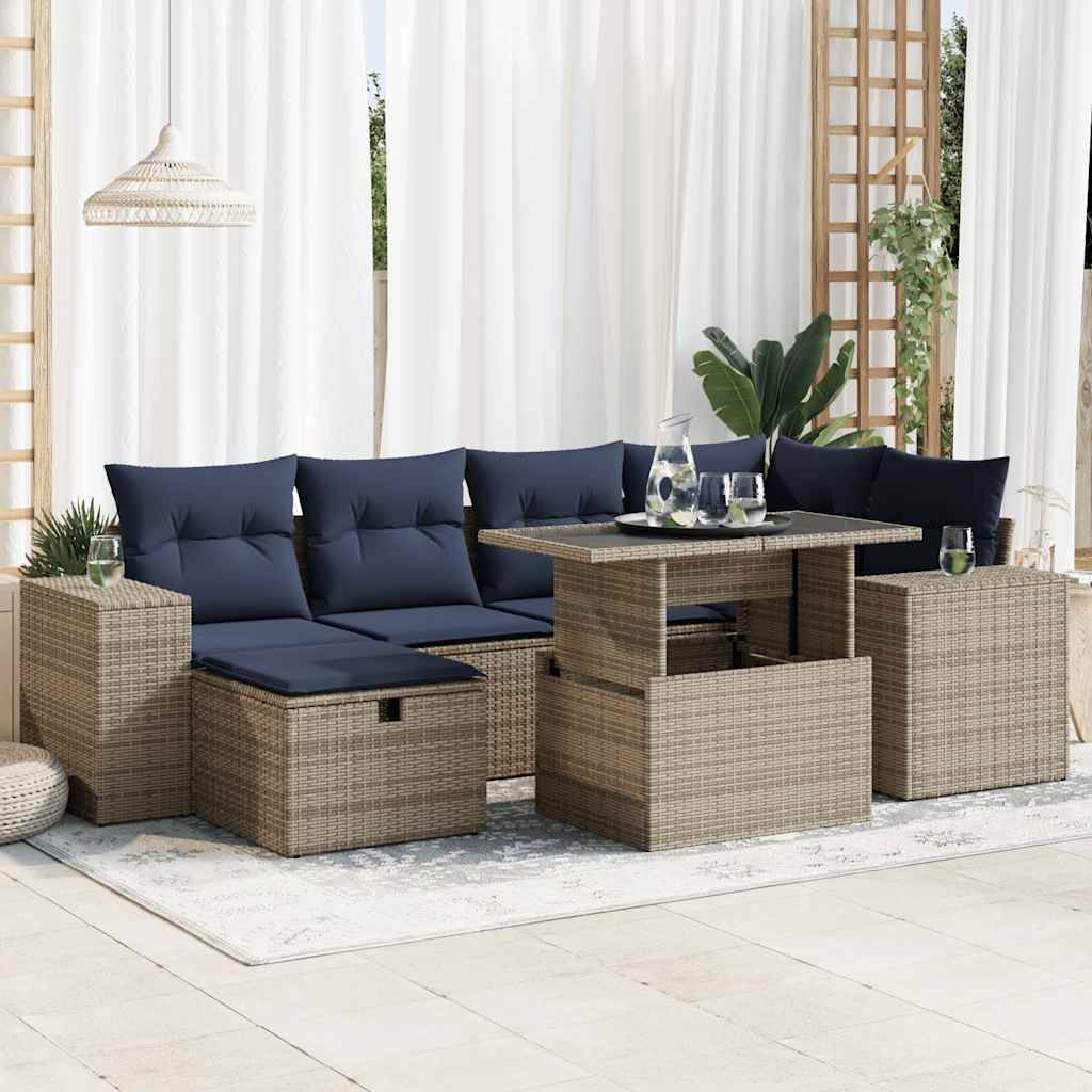 vidaXL 7-tlg. Garten-Sofagarnitur mit Kissen Braun Poly Rattan Akazie