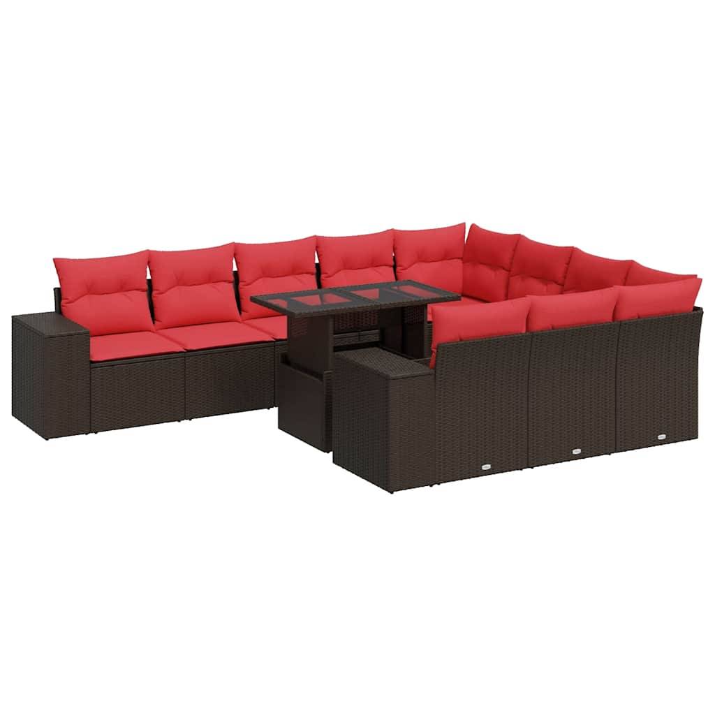 vidaXL 11-tlg. Garten-Sofagarnitur mit Kissen Braun Poly Rattan Akazie