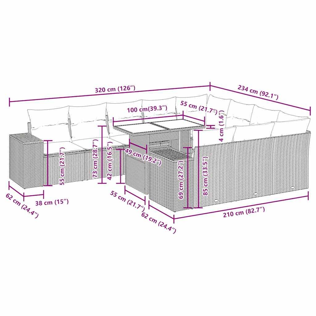 vidaXL 11-tlg. Garten-Sofagarnitur mit Kissen Schwarz Poly Rattan