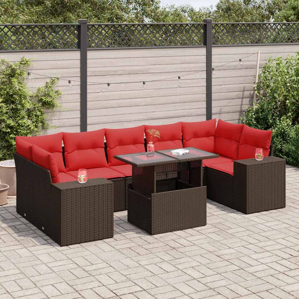 vidaXL 8-tlg. Garten-Sofagarnitur mit Kissen Braun Poly Rattan Akazie