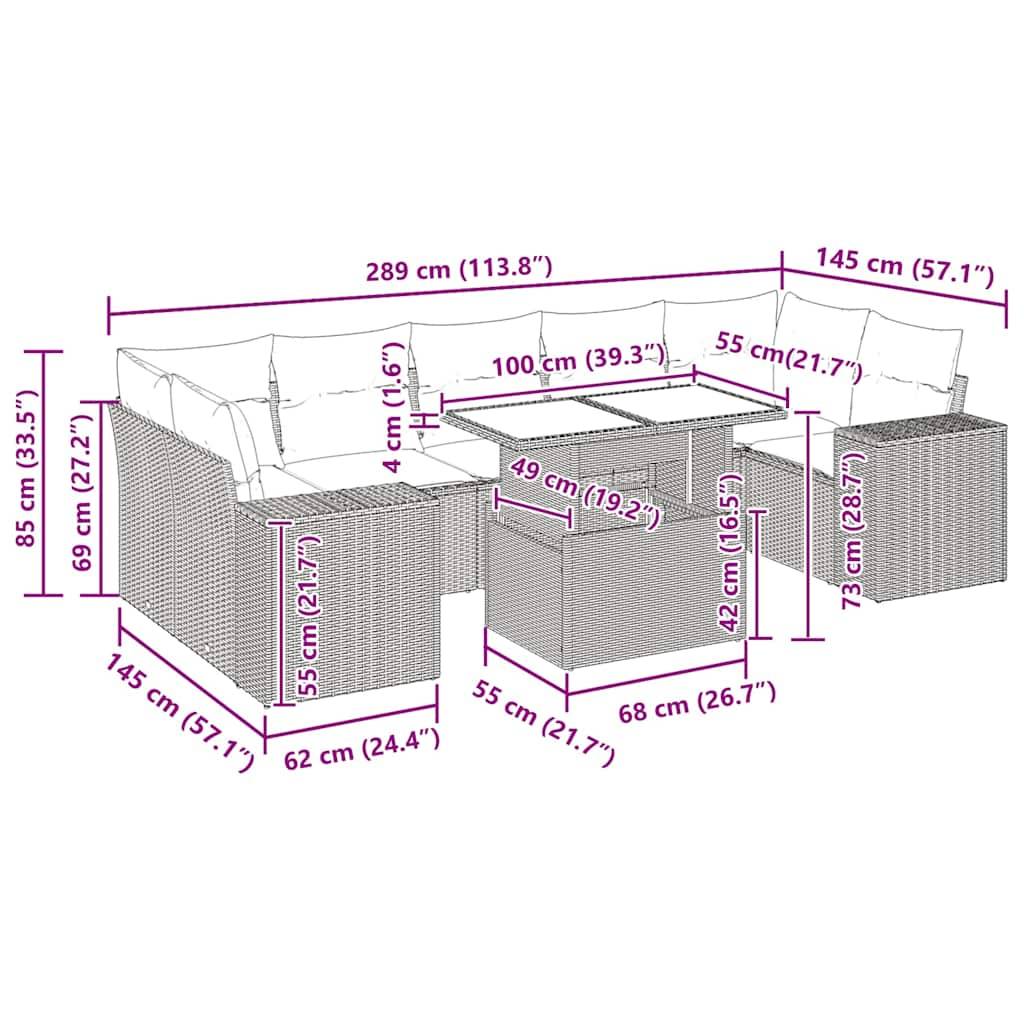 vidaXL 8-tlg. Garten-Sofagarnitur mit Kissen Braun Poly Rattan Akazie