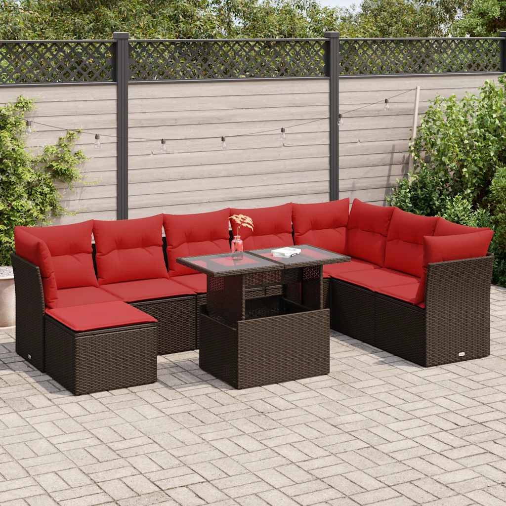 vidaXL 9-tlg. Garten-Sofagarnitur mit Kissen Braun Poly Rattan Akazie