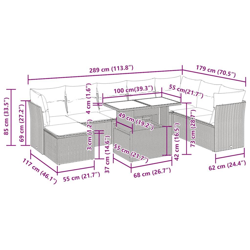 vidaXL 9-tlg. Garten-Sofagarnitur mit Kissen Braun Poly Rattan Akazie