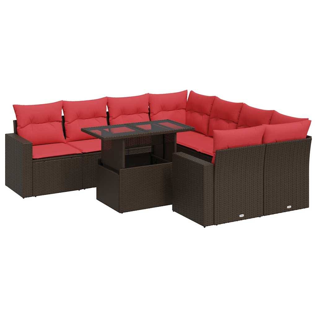 vidaXL 9-tlg. Garten-Sofagarnitur mit Kissen Braun Poly Rattan Akazie