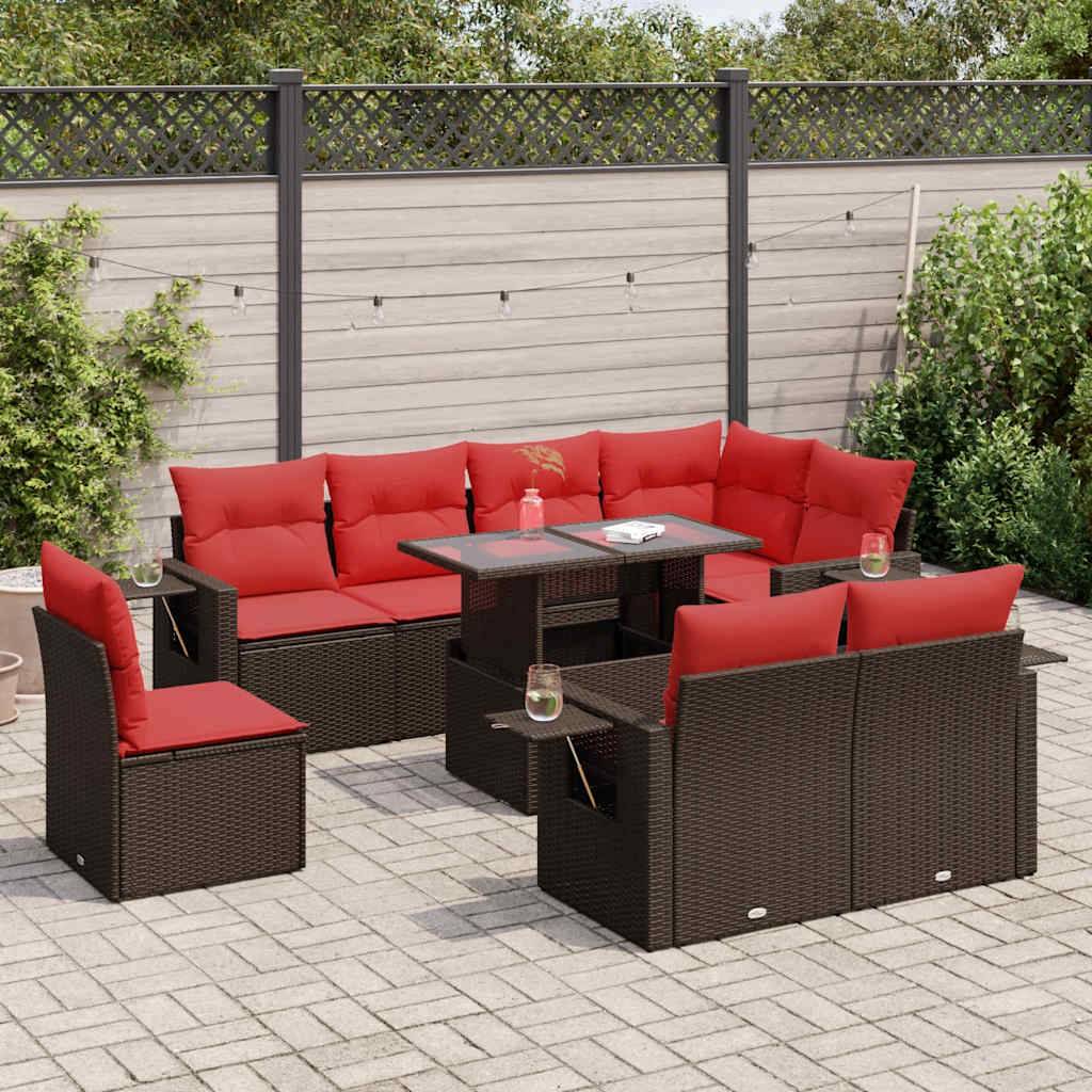 vidaXL 9-tlg. Garten-Sofagarnitur mit Kissen Braun Poly Rattan Akazie
