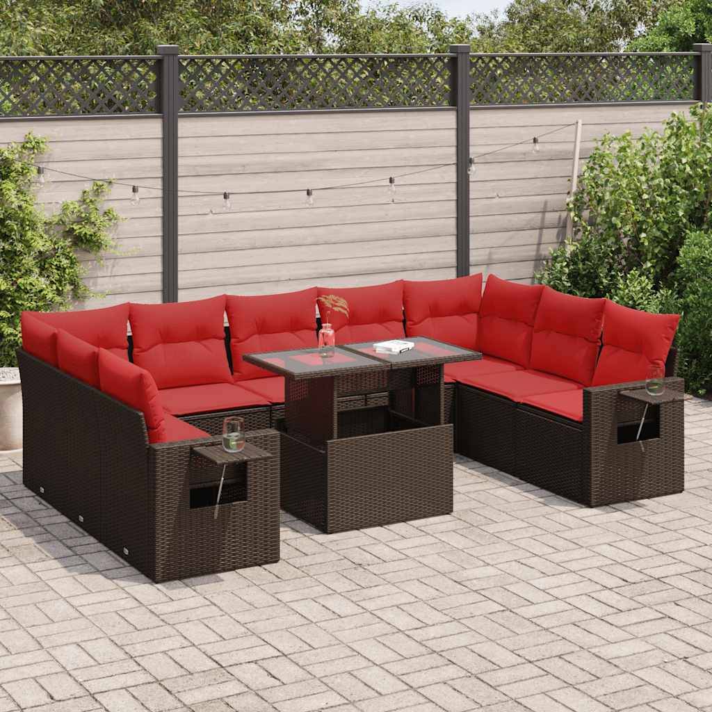 vidaXL 10-tlg. Garten-Sofagarnitur mit Kissen Braun Poly Rattan Akazie