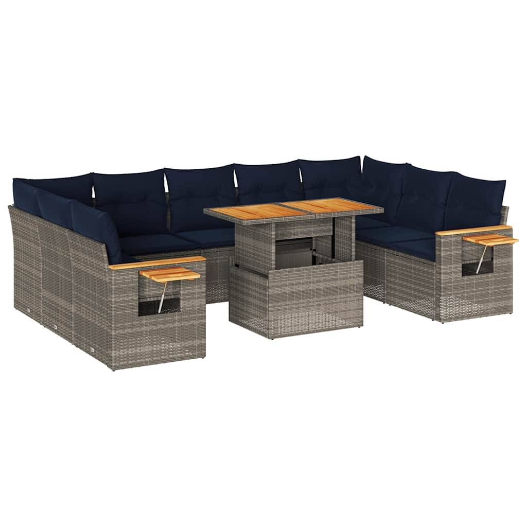 vidaXL 10-tlg. Garten-Sofagarnitur mit Kissen Grau Poly Rattan Akazie