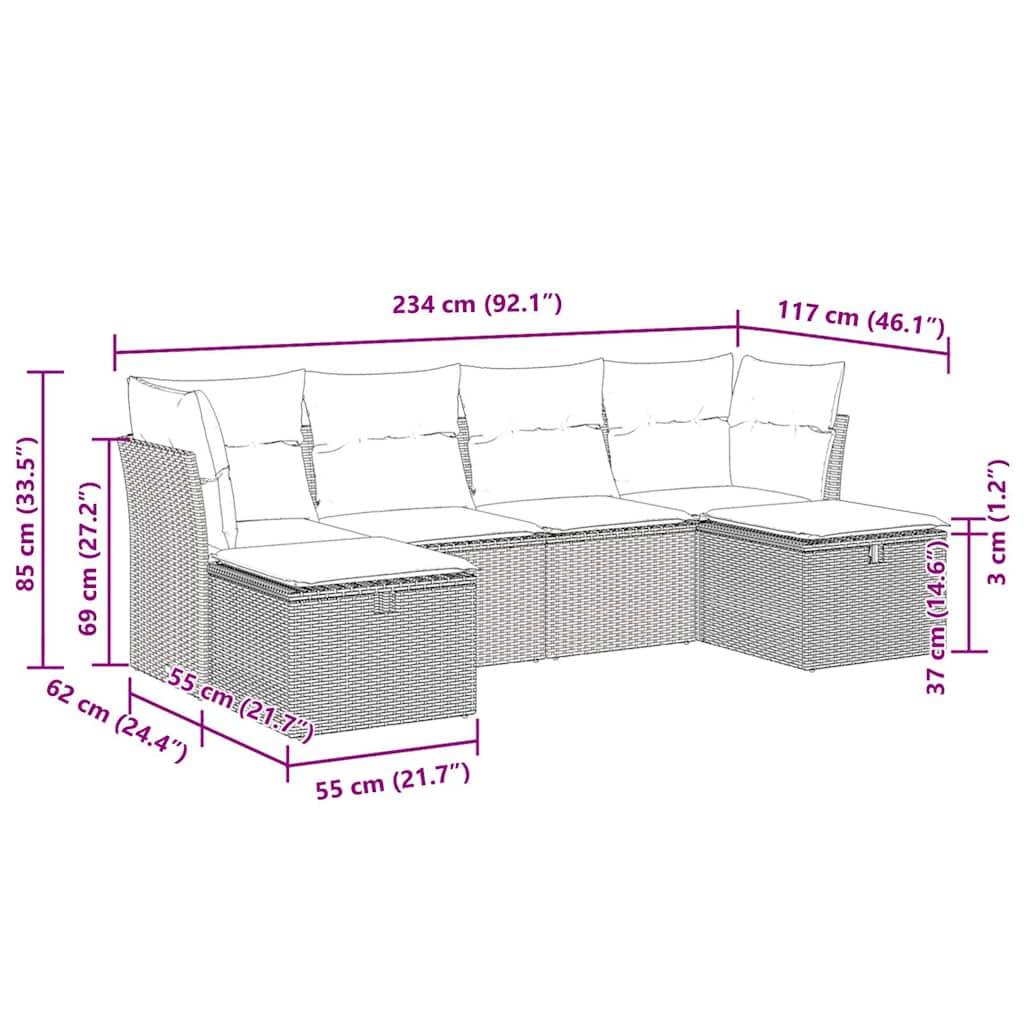 vidaXL 6-tlg. Garten-Sofagarnitur mit Kissen Braun Poly Rattan