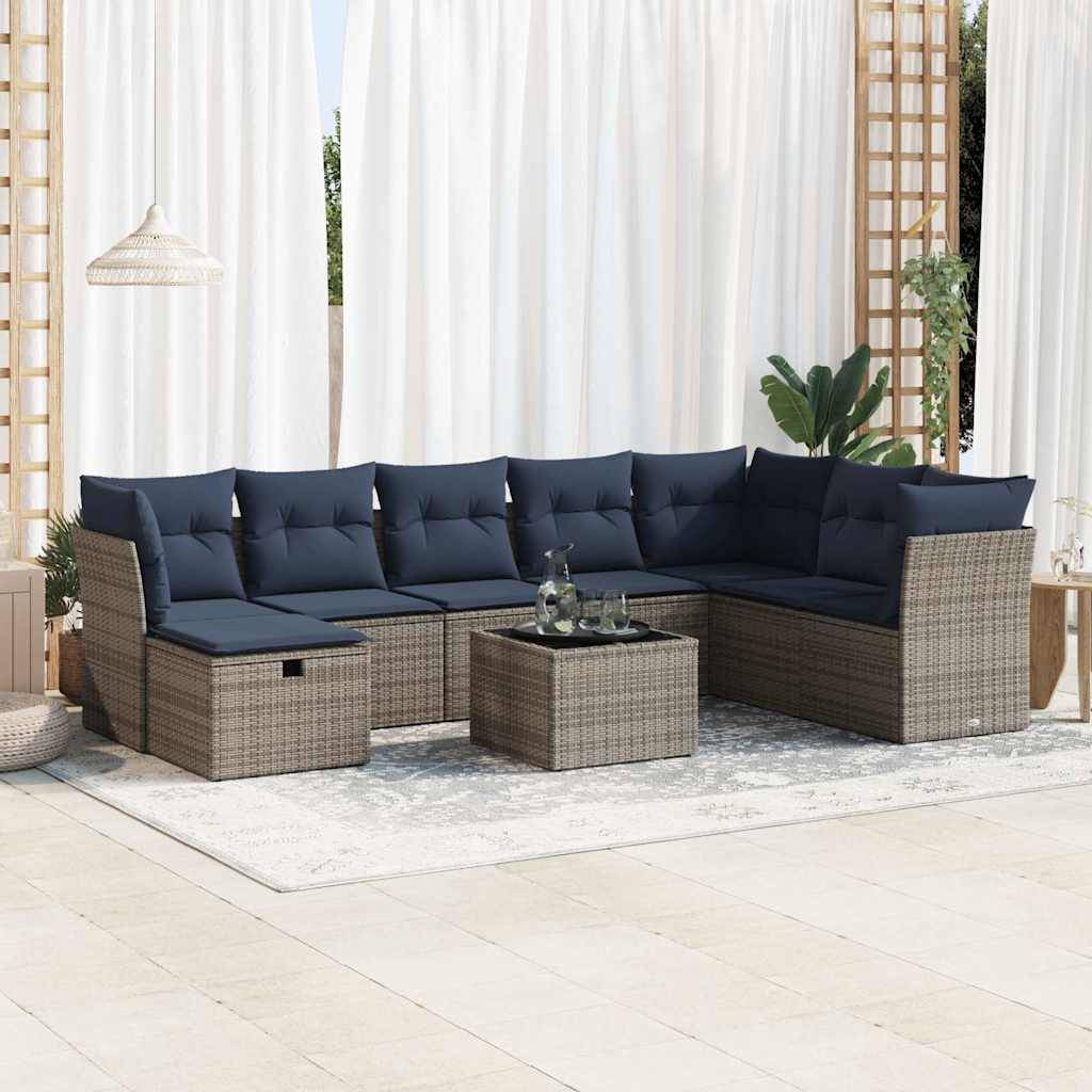 vidaXL 9-tlg. Garten-Sofagarnitur mit Kissen Grau Poly Rattan