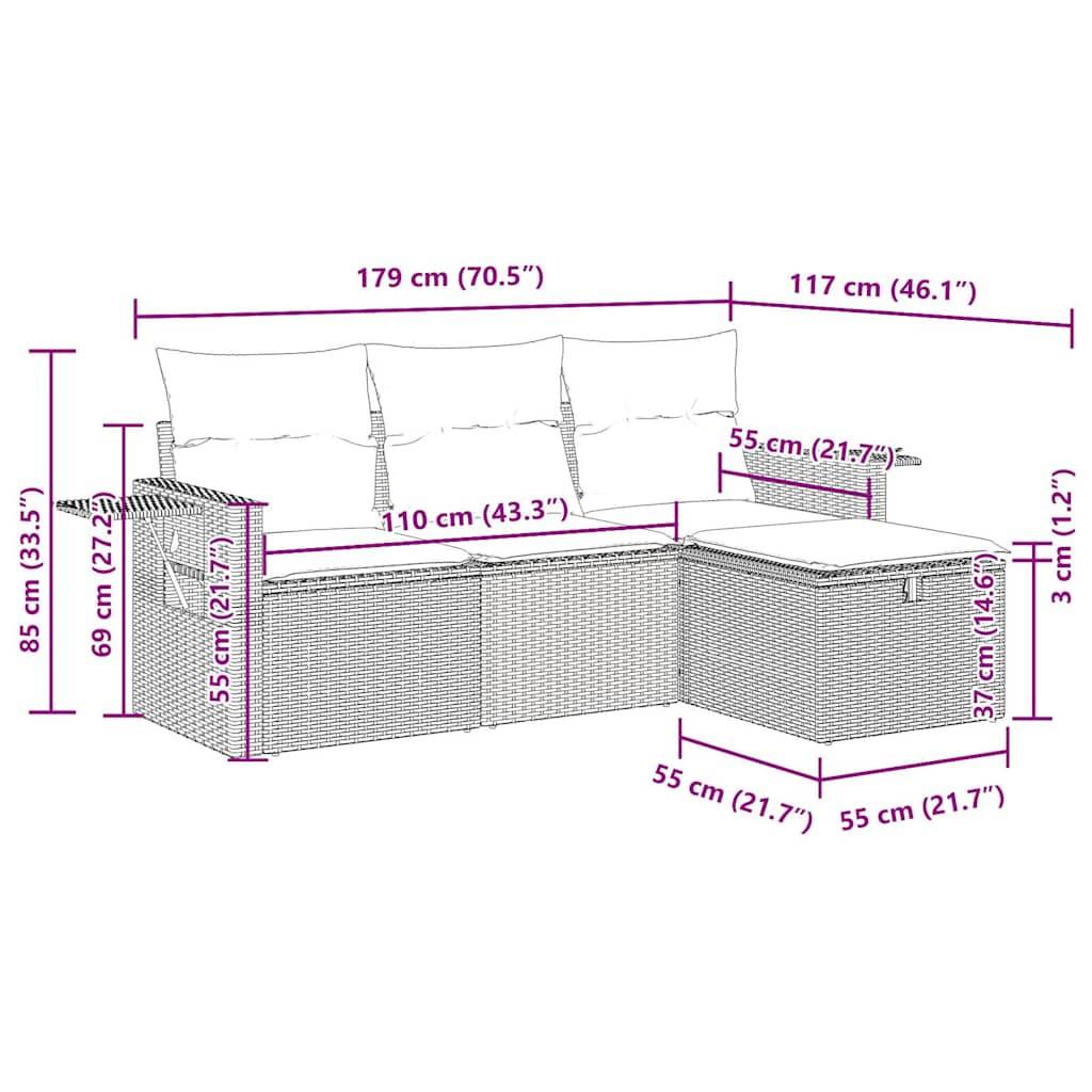 vidaXL 4-tlg. Garten-Sofagarnitur mit Kissen Braun Poly Rattan