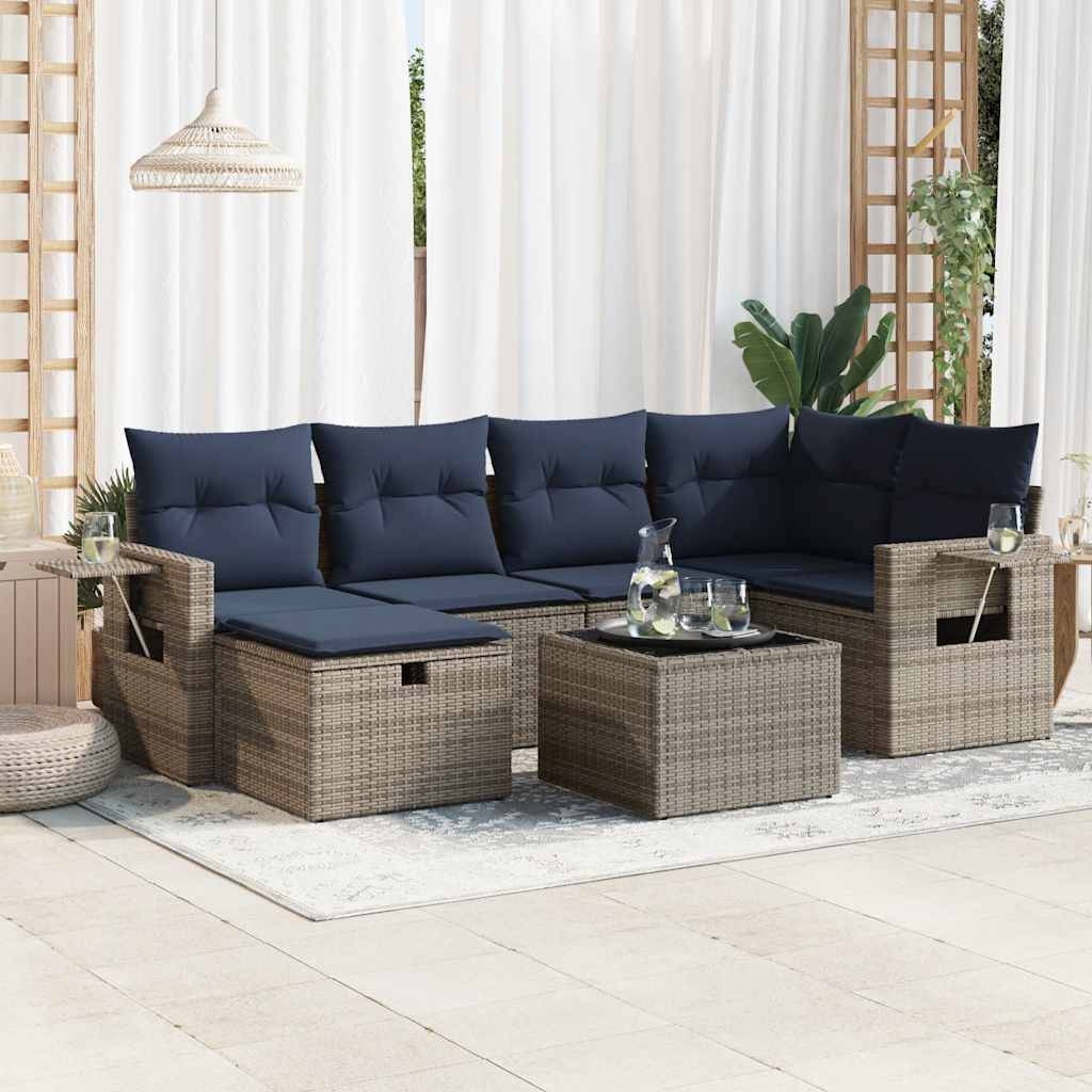 vidaXL 7-tlg. Garten-Sofagarnitur mit Kissen Grau Poly Rattan