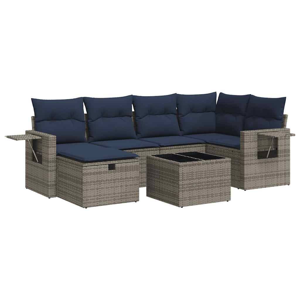 vidaXL 7-tlg. Garten-Sofagarnitur mit Kissen Grau Poly Rattan