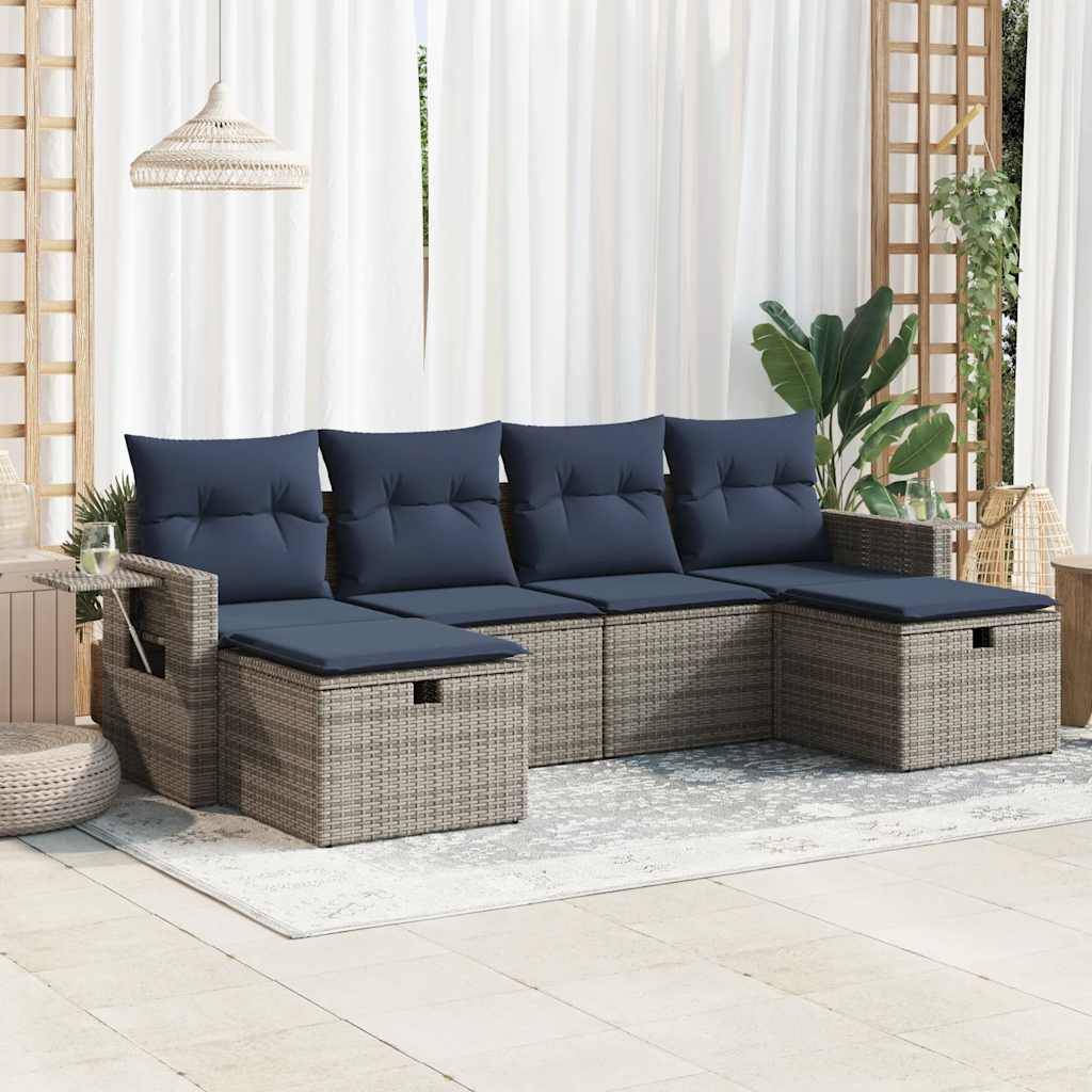 vidaXL 6-tlg. Garten-Sofagarnitur mit Kissen Grau Poly Rattan