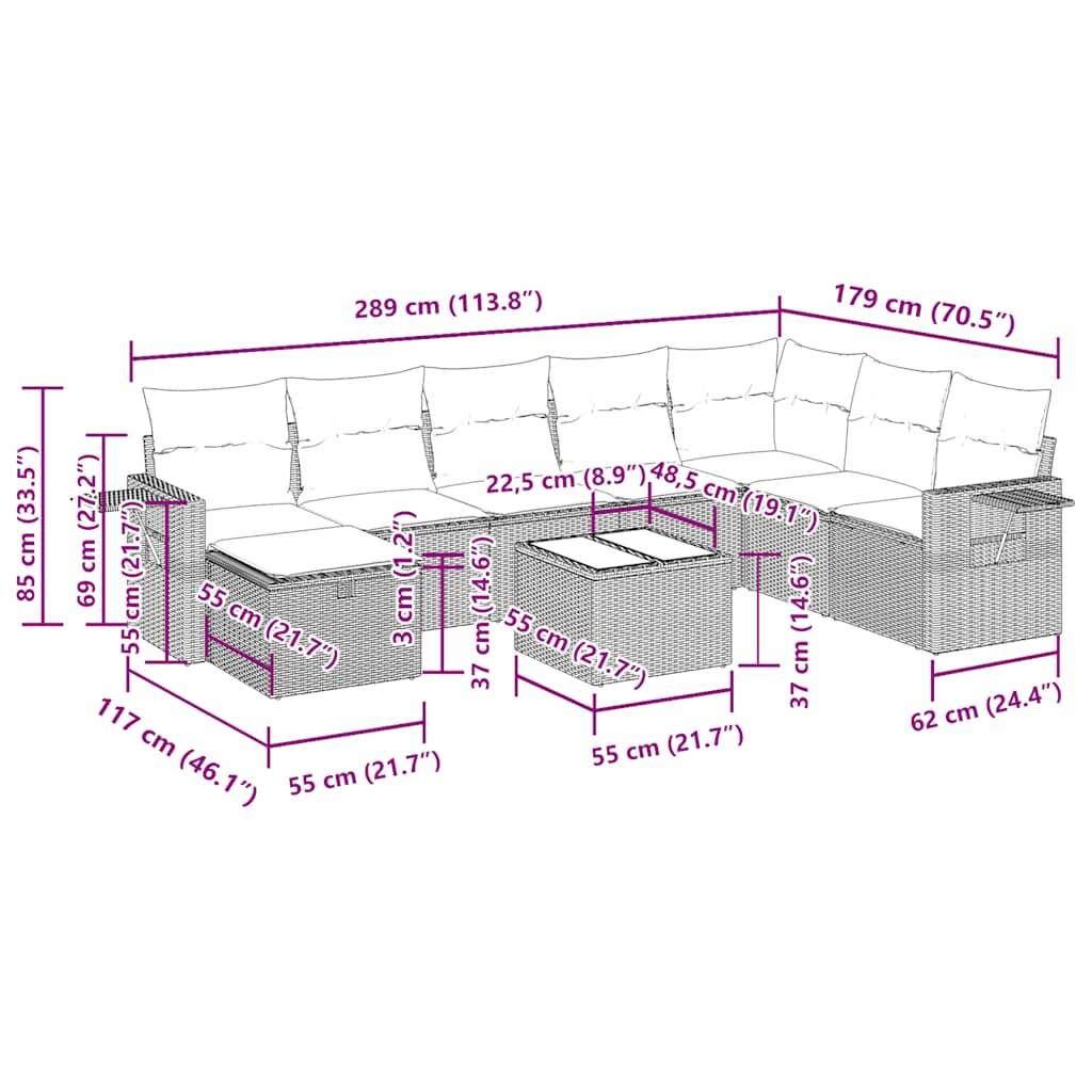 vidaXL 9-tlg. Garten-Sofagarnitur mit Kissen Braun Poly Rattan