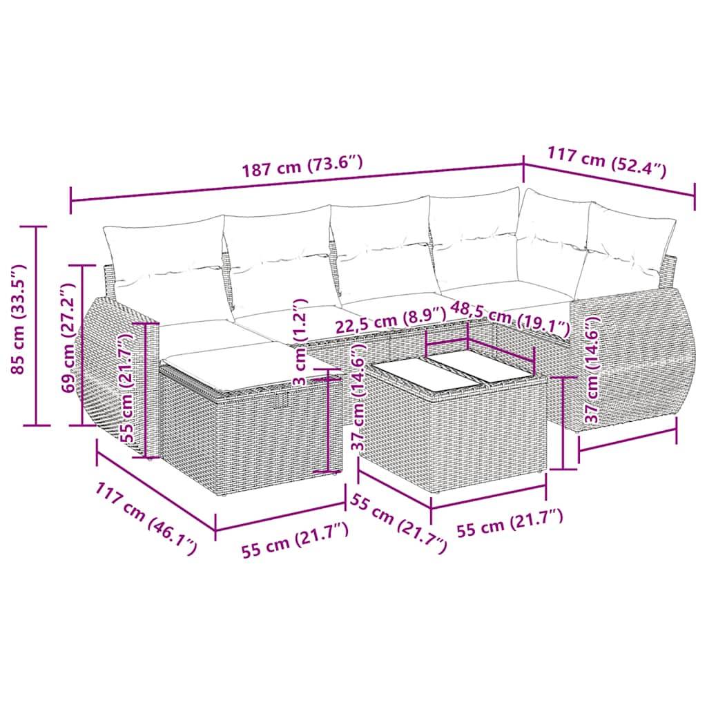 vidaXL 7-tlg. Garten-Sofagarnitur mit Kissen Braun Poly Rattan