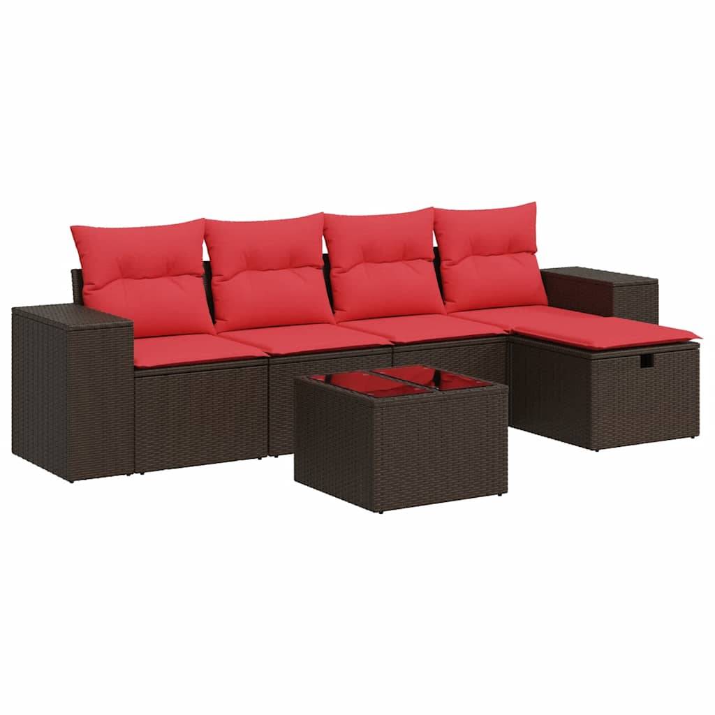 vidaXL 6-tlg. Garten-Sofagarnitur mit Kissen Braun Poly Rattan