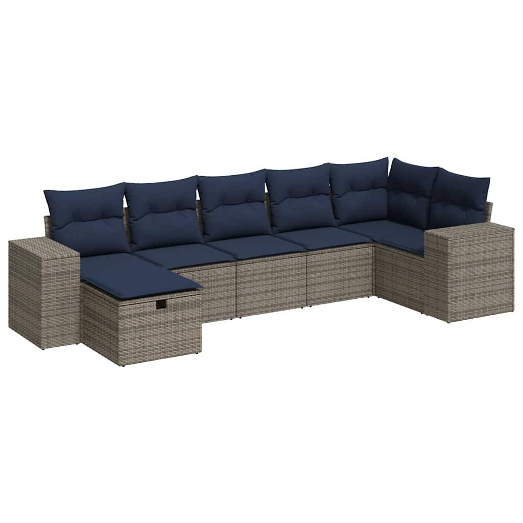 vidaXL 7-tlg. Garten-Sofagarnitur mit Kissen Grau Poly Rattan