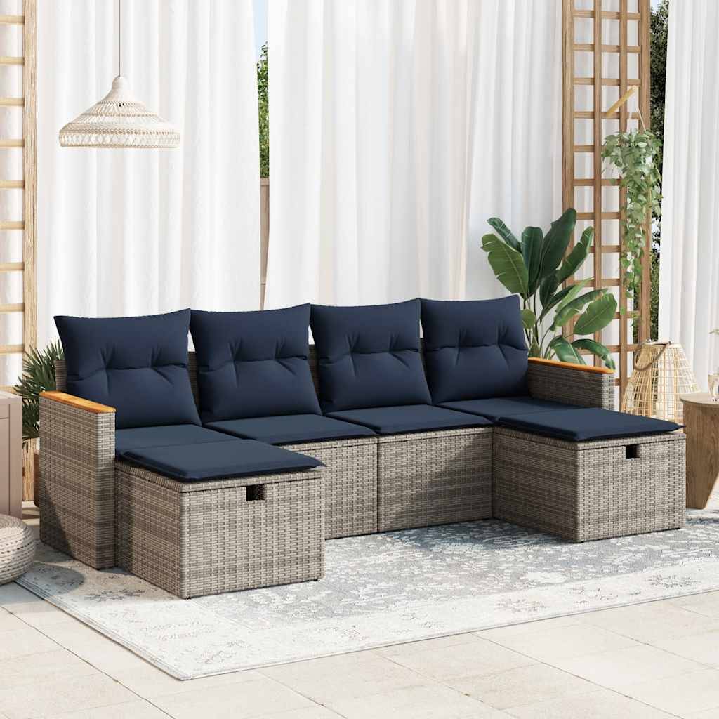 vidaXL 6-tlg. Garten-Sofagarnitur mit Kissen Grau Poly Rattan