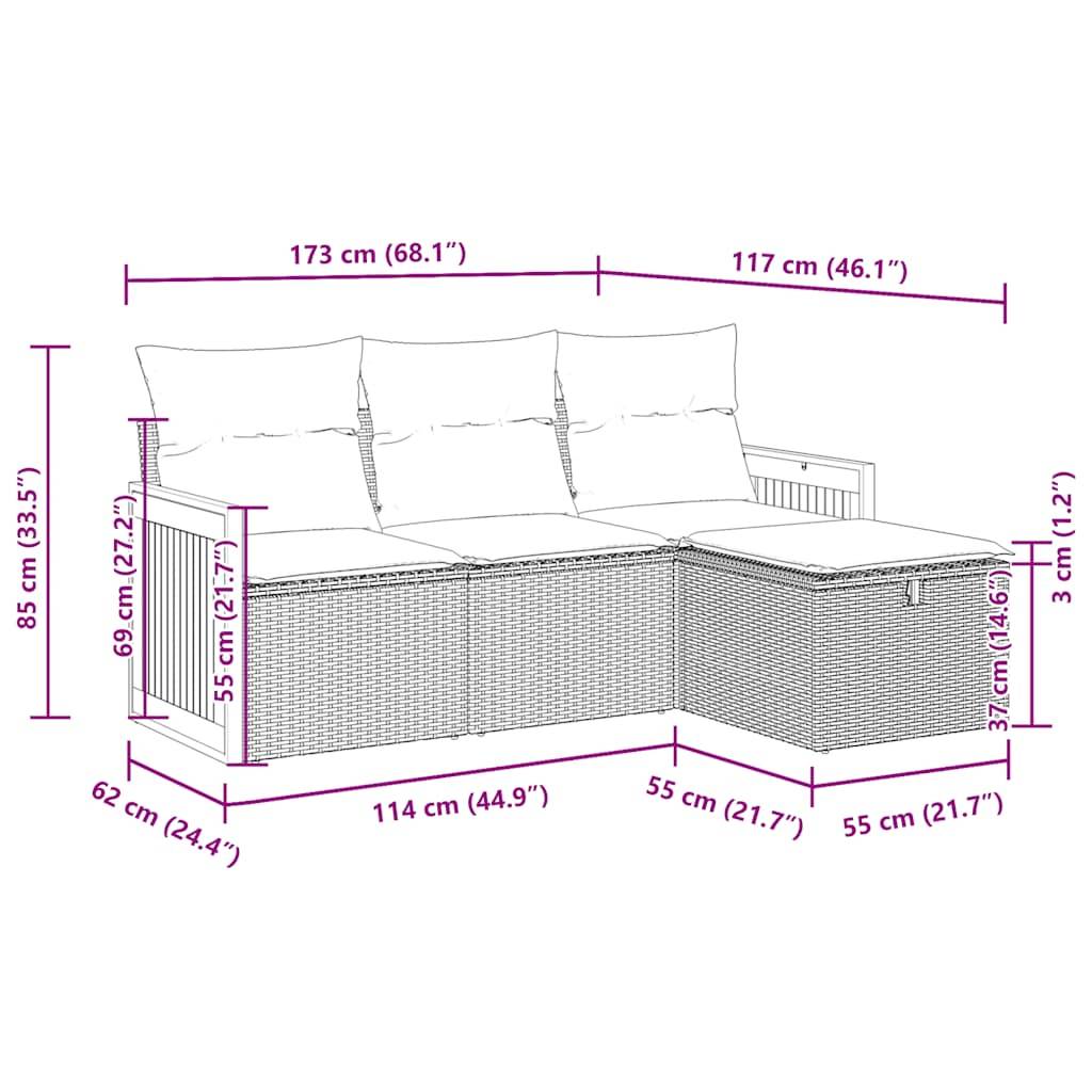 vidaXL 4-tlg. Garten-Sofagarnitur mit Kissen Grau Poly Rattan