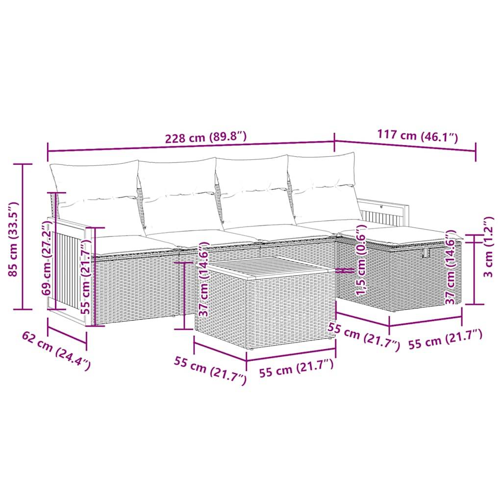 vidaXL 6-tlg. Garten-Sofagarnitur mit Kissen Grau Poly Rattan
