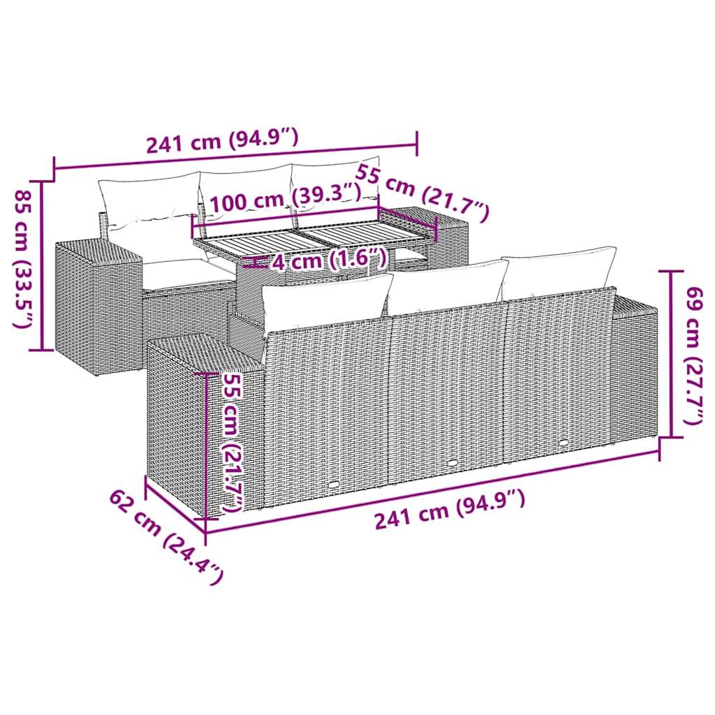 vidaXL 7-tlg. Garten-Sofagarnitur mit Kissen Grau Poly Rattan