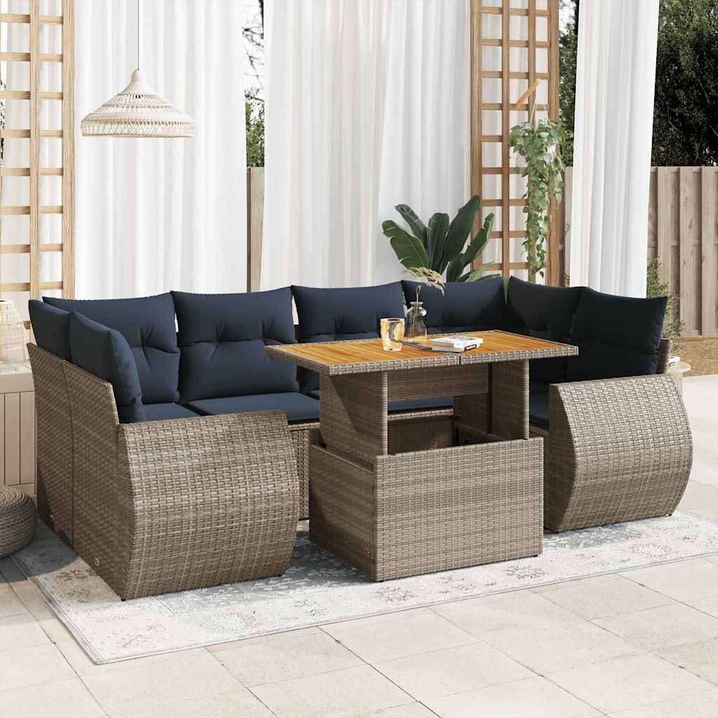 vidaXL 7-tlg. Garten-Sofagarnitur mit Kissen Grau Poly Rattan