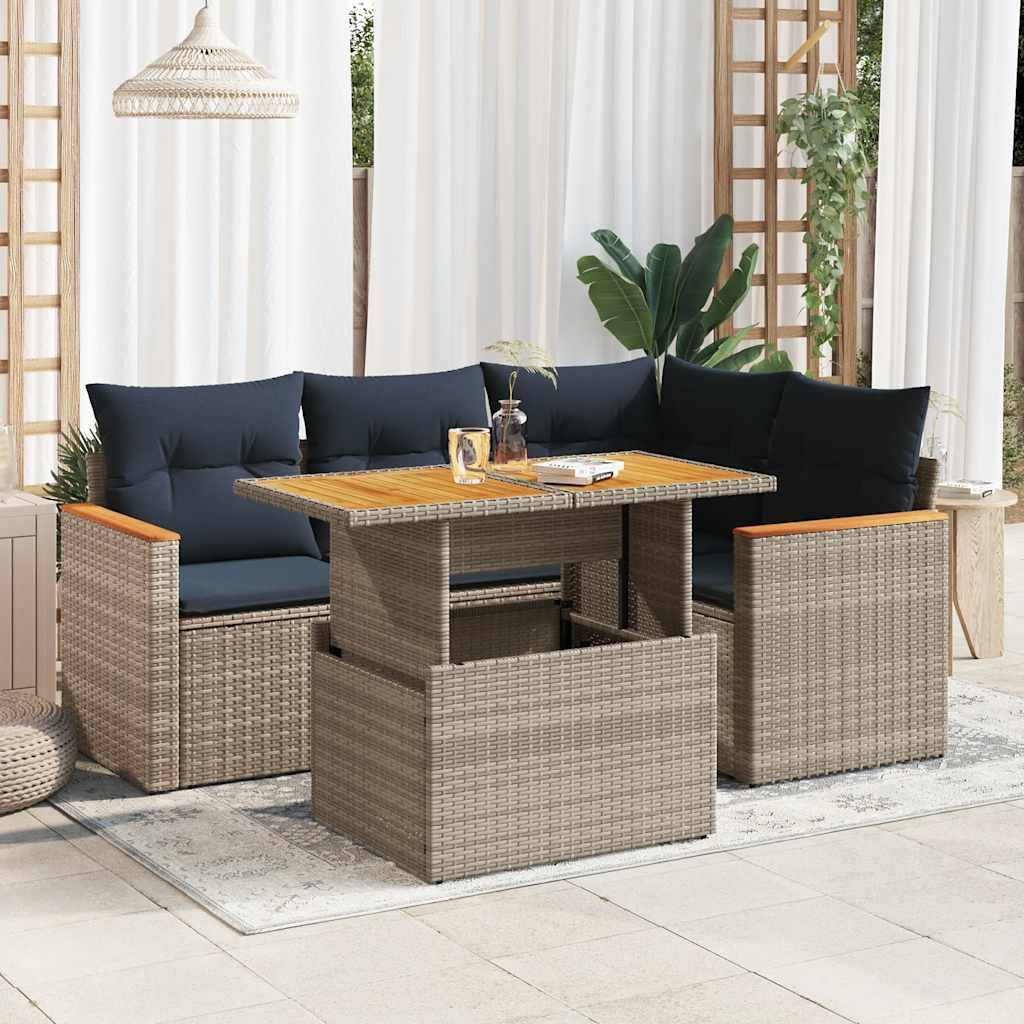 vidaXL 5-tlg. Garten-Sofagarnitur mit Kissen Grau Poly Rattan