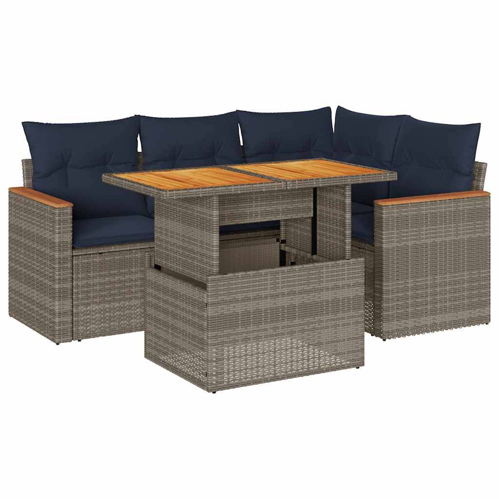 vidaXL 5-tlg. Garten-Sofagarnitur mit Kissen Grau Poly Rattan